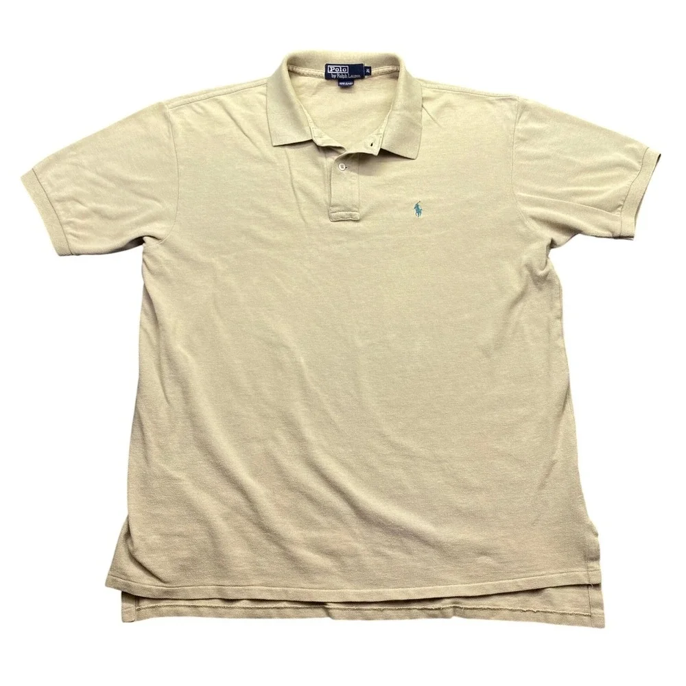 VTG Polo Ralph Lauren Mens XL Tan Beige Short Sleeve Pique Polo Shirt USA
